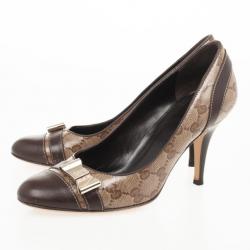 Pre Owned Gucci Beige Crystal Guccissima Cap Toe Bow Pumps Size 37