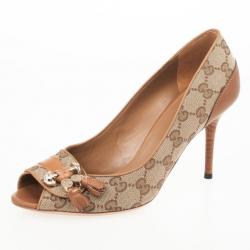 Pre Owned Gucci Tan Leather GG Canvas 'Marrakesh' Peep Toe Pumps Size 38.5