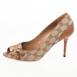 Pre Owned Gucci Tan Leather GG Canvas 'Marrakesh' Peep Toe Pumps Size 38.5