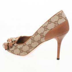 Pre Owned Gucci Tan Leather GG Canvas 'Marrakesh' Peep Toe Pumps Size 38.5