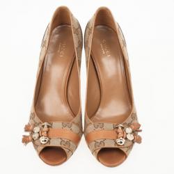 Pre Owned Gucci Tan Leather GG Canvas 'Marrakesh' Peep Toe Pumps Size 38.5