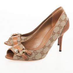 Pre Owned Gucci Tan Leather GG Canvas 'Marrakesh' Peep Toe Pumps Size 38.5