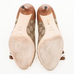 Pre Owned Gucci Tan Leather GG Canvas 'Marrakesh' Peep Toe Pumps Size 38.5