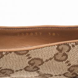 Pre Owned Gucci Tan Leather GG Canvas 'Marrakesh' Peep Toe Pumps Size 38.5