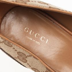Pre Owned Gucci Tan Leather GG Canvas 'Marrakesh' Peep Toe Pumps Size 38.5