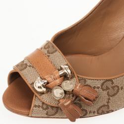 Pre Owned Gucci Tan Leather GG Canvas 'Marrakesh' Peep Toe Pumps Size 38.5