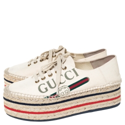 Pre Owned حذاء فلات إس بادريل غوتشي بنعل سميك و مزين بشعار الماركة كانفاس كريمس مقاس 37.5