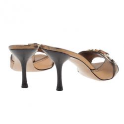 Pre Owned Gucci Bronze Leather Bamboo Horsebit Slides Size 36.5