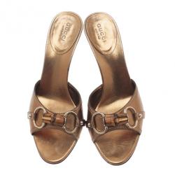 Pre Owned Gucci Bronze Leather Bamboo Horsebit Slides Size 36.5
