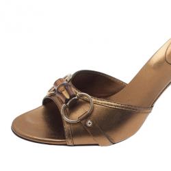 Pre Owned Gucci Bronze Leather Bamboo Horsebit Slides Size 36.5
