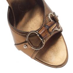 Pre Owned Gucci Bronze Leather Bamboo Horsebit Slides Size 36.5
