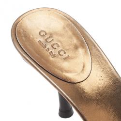 Pre Owned Gucci Bronze Leather Bamboo Horsebit Slides Size 36.5