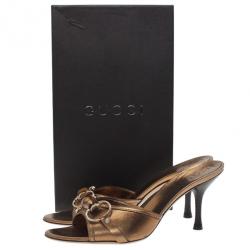 Pre Owned Gucci Bronze Leather Bamboo Horsebit Slides Size 36.5