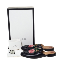 مملوكة مسبقًا حذاء مولز فلات غوتشي "برينستون" مطرز ورود جلد أسود مقاس 37