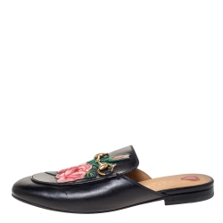 مملوكة مسبقًا حذاء مولز فلات غوتشي "برينستون" مطرز ورود جلد أسود مقاس 37