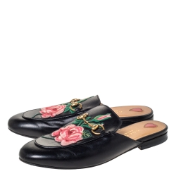 مملوكة مسبقًا حذاء مولز فلات غوتشي "برينستون" مطرز ورود جلد أسود مقاس 37