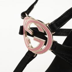 Pre Owned Gucci Black 'Interlocking GG' Leather Cage Sandals Size 39.5