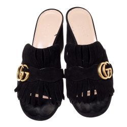 مملوكة مسبقًا حذاء مولز غوتشى شراشيب  مارمونت جي جى جلد سويدى أسود مقاس 37