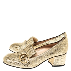 Pre Owned Gucci Metallic Gold Foil Leather GG Marmont Fringe Detail Block Heel Pumps Size 37