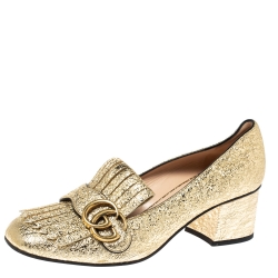 Pre Owned Gucci Metallic Gold Foil Leather GG Marmont Fringe Detail Block Heel Pumps Size 37