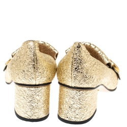 Pre Owned Gucci Metallic Gold Foil Leather GG Marmont Fringe Detail Block Heel Pumps Size 37