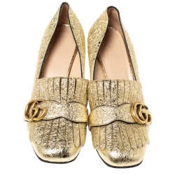 Pre Owned Gucci Metallic Gold Foil Leather GG Marmont Fringe Detail Block Heel Pumps Size 37