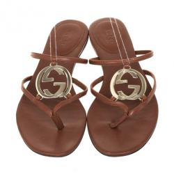 مملوكة مسبقًا Gucci Brown Leather GG Cage Flat Thong Sandals Size 38.5