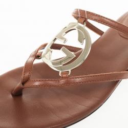 مملوكة مسبقًا Gucci Brown Leather GG Cage Flat Thong Sandals Size 38.5