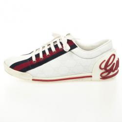 Pre Owned Gucci White Guccissima Canvas Sneakers With Web Detail Size 37