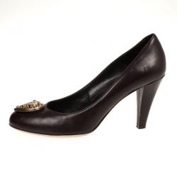 Pre Owned Gucci Dark Brown Leather 'Babouska' Heart Crest Pumps Size 39