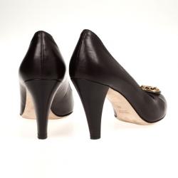 Pre Owned Gucci Dark Brown Leather 'Babouska' Heart Crest Pumps Size 39