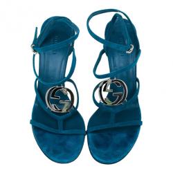 Pre Owned Gucci Turquoise Suede GG Cage Ankle Strap Sandals Size 39.5