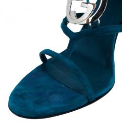 Pre Owned Gucci Turquoise Suede GG Cage Ankle Strap Sandals Size 39.5