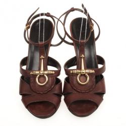 Pre Owned Gucci Brown Leather T-Strap Sandals Size 36