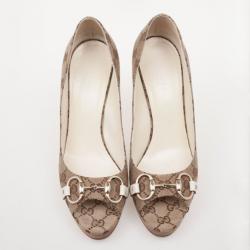 Pre Owned Gucci Guccissima Canvas Horsebit Peep Toe Platform Pumps Size 39