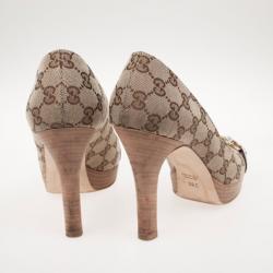 Pre Owned Gucci Guccissima Canvas Horsebit Peep Toe Platform Pumps Size 39