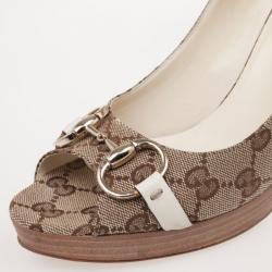 Pre Owned Gucci Guccissima Canvas Horsebit Peep Toe Platform Pumps Size 39