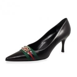 Pre Owned Gucci Black Leather Pointed Toe Pumps With Web Detail Size 39
