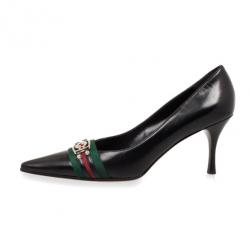Pre Owned Gucci Black Leather Pointed Toe Pumps With Web Detail Size 39