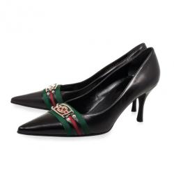 Pre Owned Gucci Black Leather Pointed Toe Pumps With Web Detail Size 39