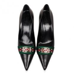 Pre Owned Gucci Black Leather Pointed Toe Pumps With Web Detail Size 39