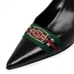Pre Owned Gucci Black Leather Pointed Toe Pumps With Web Detail Size 39