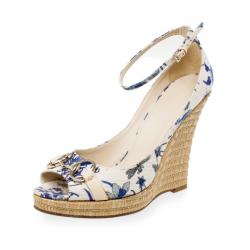 Pre Owned Gucci Blue Floral Horsebit Ankle Strap Espadrilles Wedges Size 39