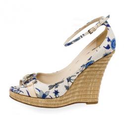 Pre Owned Gucci Blue Floral Horsebit Ankle Strap Espadrilles Wedges Size 39