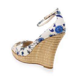 Pre Owned Gucci Blue Floral Horsebit Ankle Strap Espadrilles Wedges Size 39