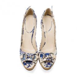 Pre Owned Gucci Blue Floral Horsebit Ankle Strap Espadrilles Wedges Size 39