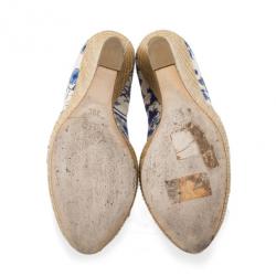 Pre Owned Gucci Blue Floral Horsebit Ankle Strap Espadrilles Wedges Size 39