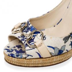 Pre Owned Gucci Blue Floral Horsebit Ankle Strap Espadrilles Wedges Size 39
