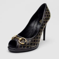 Pre Owned Gucci Black Leather New Hollywood Studded Horsebit Peep Toe Pumps Size 39