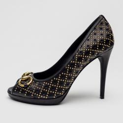 Pre Owned Gucci Black Leather New Hollywood Studded Horsebit Peep Toe Pumps Size 39